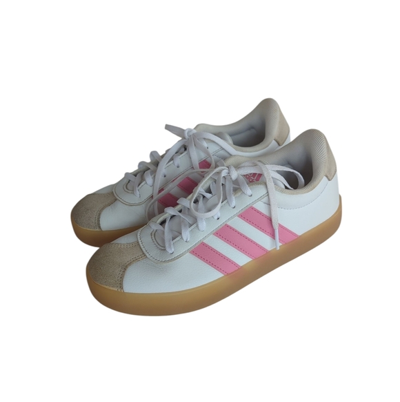 Adidas VL Court 3.0 Skateboard Lace-Up Leather Sneakers Big Girl 5 White Pink - Picture 12 of 16